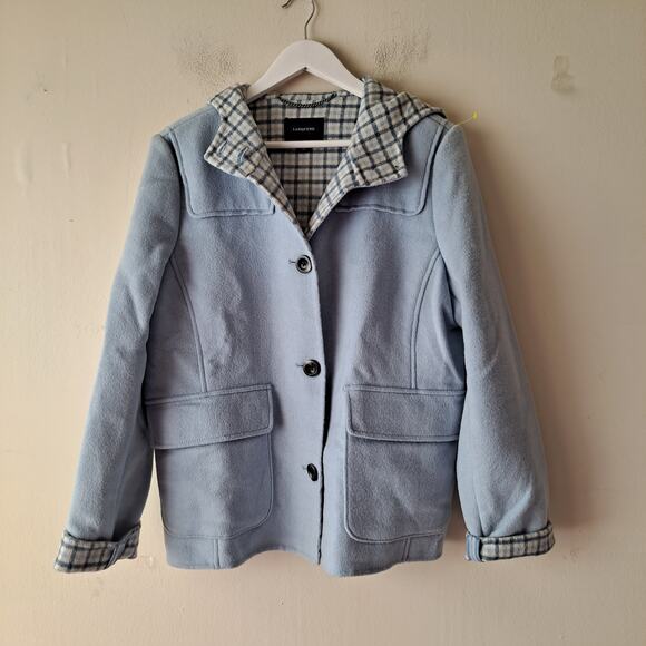 Lands' End Wool Blend Jacket Plaid Lined Hooded Coat Light Blue Women's Size 12 - Picture 3 of 10